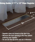 Louvered Plastic Floor Register With Three Position Damper And Easy Clean Finish sizing guide on wooden floor 2 1/4 x 12 inches