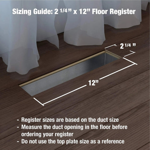 Louvered Plastic Floor Register With Three Position Damper And Easy Clean Finish sizing guide on wooden floor 2 1/4 x 12 inches