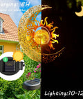 Sun And Moon Crackle Glass Solar Globe Stake Lights For Garden illuminated by amber glow in daytime and nighttime view.