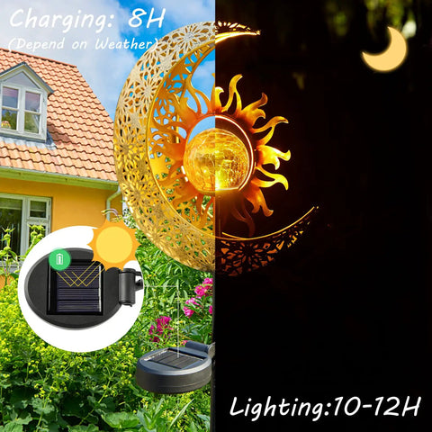 Sun And Moon Crackle Glass Solar Globe Stake Lights For Garden illuminated by amber glow in daytime and nighttime view.