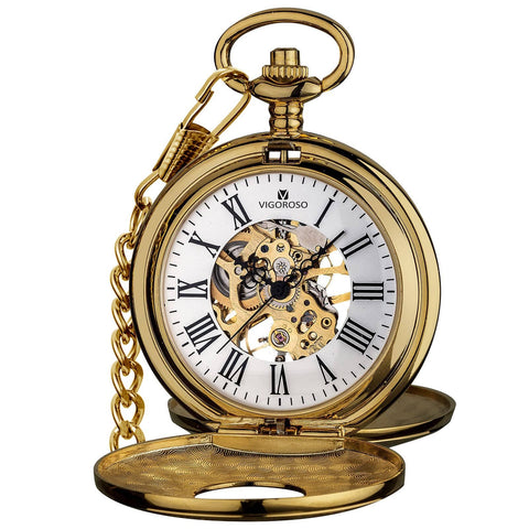 Gold Tone Skeleton Pocket Watch With Chain For Men, Half Hunter Double Cover, Mechanical Self-Winding Timepiece With Roman Numerals, Vintage Style That Feels Old-School Cool In Box