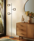 Tree Floor Lamp With Dimmable LED Spotlight, Adjustable Panels, Tall Silver Standing Lamp beside wooden dresser in living room