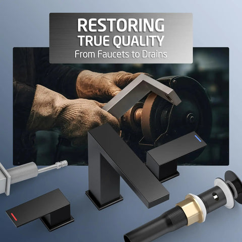 All Metal Matte Black Bathroom Faucet With Pop Up Drain And Overflow, 8 Inch Widespread 3 Hole SUS 304 Stainless Steel