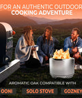 Outdoor scene with three people sitting around a portable stove for cooking with Oak Kiln Dried Five To Six Inch Mini Pizza Oven Logs Bundle 12 To 14 Lbs With Ten Natural Fire Starters For Backyard BBQ Wood For Grilling Smoking And Outdoor Pizza Ovens.