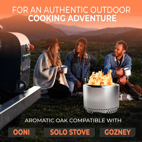 Outdoor scene with three people sitting around a portable stove for cooking with Oak Kiln Dried Five To Six Inch Mini Pizza Oven Logs Bundle 12 To 14 Lbs With Ten Natural Fire Starters For Backyard BBQ Wood For Grilling Smoking And Outdoor Pizza Ovens.