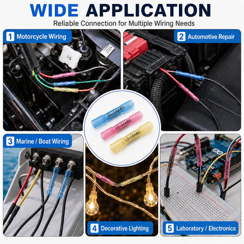 Blue Heat Shrink Butt Connectors 100 Pack 16 Thru 14 Awg Beefy Copper Crimp Wire Splices for motorcycle, automotive, and marine wiring.