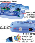 Blue Bedwetting Alarm With Loud Sound And Strong Vibration For Boys And Girls Enuresis Alarm With Six Tones And Vibration Alerts Go To Compact Sensor Unit That Uses 2 AAA Batteries And Is Easy to Clean open battery compartment and sensor port