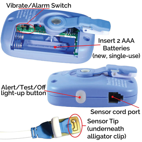 Blue Bedwetting Alarm With Loud Sound And Strong Vibration For Boys And Girls Enuresis Alarm With Six Tones And Vibration Alerts Go To Compact Sensor Unit That Uses 2 AAA Batteries And Is Easy to Clean open battery compartment and sensor port