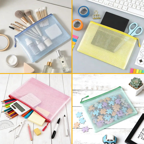 24 Pack Mesh Zipper Pouches For Organization A4 Size Document Bags Waterproof Storage Pouches with various contents