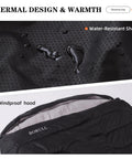 Close-up of water-resistant shell and windproof hood on oversized double sleeping bag for two adults queen size with two pillows