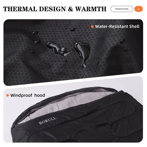 Close-up of water-resistant shell and windproof hood on oversized double sleeping bag for two adults queen size with two pillows