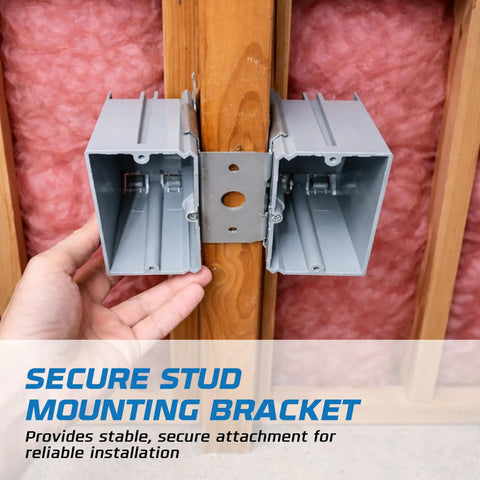 Heavy Duty Adjustable Pvc Outlet Box Four Pack With Secure Mounting Brackets For Switches Gfci And Duplex Receptacles Fire Rated Wall Housing Hard As Nails For Daily Use secured to stud with stable brackets, showing gray casing and setup.