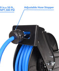 Retractable Air Hose Reel With Three Eighths Inch By Fifty Foot Hybrid Hose, Heavy Duty Steel Build, Auto Rewind, 300 PSI