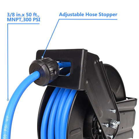 Retractable Air Hose Reel With Three Eighths Inch By Fifty Foot Hybrid Hose, Heavy Duty Steel Build, Auto Rewind, 300 PSI