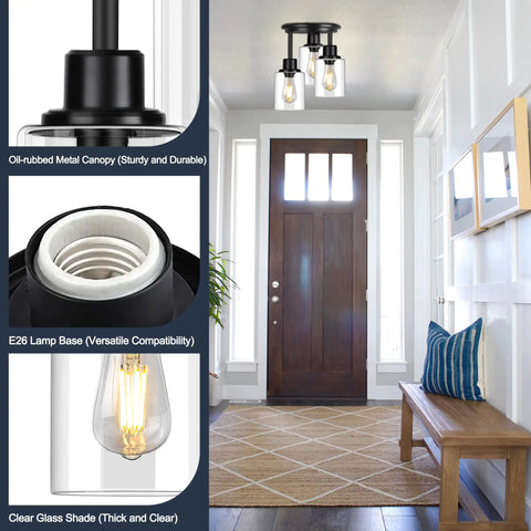 Three Light Matte Black Dope Semi Flush Mount Ceiling Light with Clear Glass Shades installed in an entryway.
