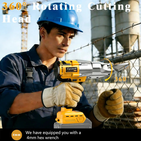 Worker using 20V Max Cordless Sheet Metal Cutter with 360° pivoting head in construction setting