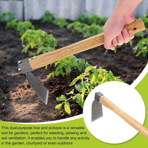 Hand holding heavy duty curved garden hoe mattock with wooden handle fifteen point four inch stainless steel digging weeding tool
