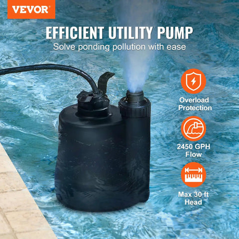 Submersible Sump Pump One Third HP, 2450 GPH High Flow, 30 Feet Head, Heavy Duty Thermoplastic Water Pump in a pool setting