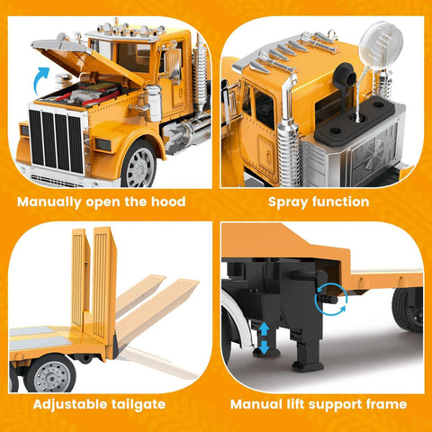 Giant 39.6 Inch RC Semi Trailer Truck For Kids With Lights And Sounds 16 Channel Remote Control showing hood, spray, tailgate, lift