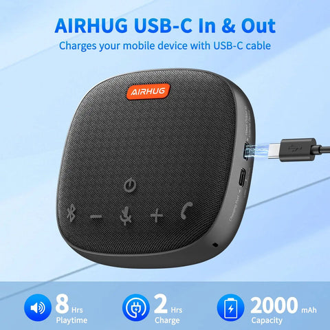 Conference Bluetooth Speakerphone With 360 Degree Voice Pickup And Noise Reduction, USB C Plug And Play, charging cable shown
