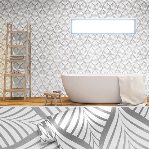 Bathroom with Silver Gray Peel And Stick Wallpaper For Cabinets And Bathrooms No Mess DIY Ready Modern Boho Leaf Design Removable Vinyl