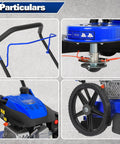 Collage of Workhorse Heavy Duty Walk Behind Gas String Trimmer features including handle, spool, motor, and flat-free wheel