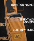 Close-up of Run Ready Hydration Vest Four Point Zero Lightweight Pack showing nutrition and essentials pockets with a phone visible