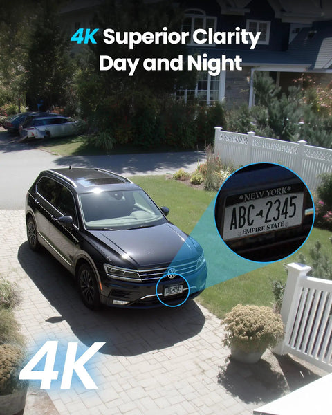Top Shelf 4K PoE Security Camera Quad Pack, Hella Crisp 8MP Footage capturing vehicle details with license plate in bright daylight.