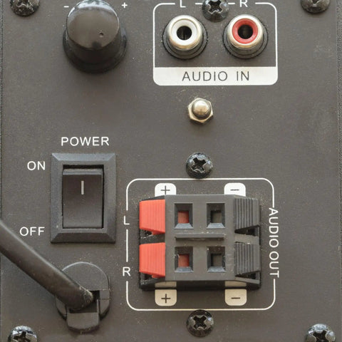 Close-up of a 4 Way Spring Terminal Clip Push Release Connector Plate Jack Socket in a speaker terminal setup.