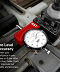 Lathe Tool Post Indicator For Fast Precise Setup And Centering In 3 Jaw And 4 Jaw Chucks Durable Aluminum Housing Built To Last With Accurate Readouts And A 5 Year Warranty For Machinists And Gearheads, red aluminum dial indicator on lathe