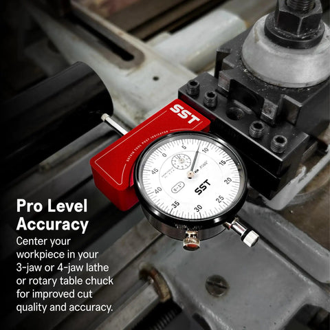 Lathe Tool Post Indicator For Fast Precise Setup And Centering In 3 Jaw And 4 Jaw Chucks Durable Aluminum Housing Built To Last With Accurate Readouts And A 5 Year Warranty For Machinists And Gearheads, red aluminum dial indicator on lathe