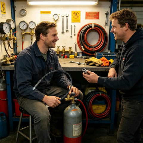 Two mechanics discuss a Heavy Duty Compressor Air Hose 4500 PSI Flexible Inflation Tube connecting to a tank.