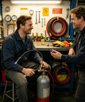 Two men discussing a Heavy Duty 4500 PSI High Pressure Air Hose With Anti Kink Design and Solid Brass Steel Fittings.