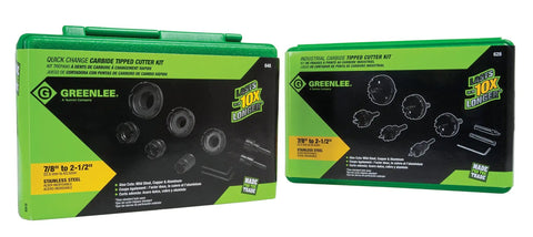 Greenlee 648 Quick Change Carbide Hole Saw Set for 1/2 to 2 Inch Conduit, includes cutter heads and arbor, designed for precision cuts.