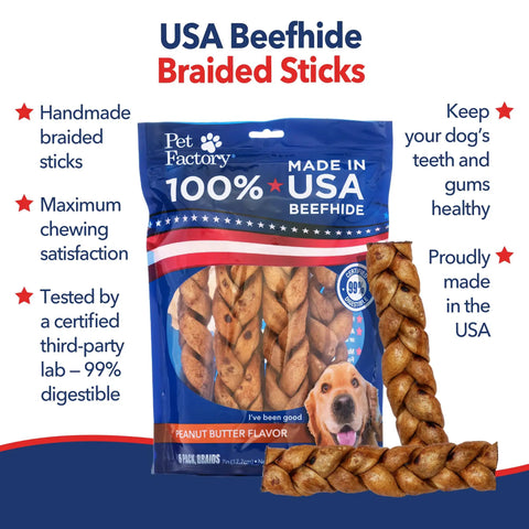 Braided Beefhide Dog Chews With Peanut Butter Flavor 7 Inch Long USA Made Rawhide Chews For Medium Dogs Durable Pack Of 6