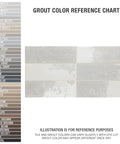 Grout color reference chart with tile displaying various shades next to each grout color name.