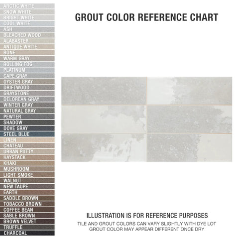 Grout color reference chart with tile displaying various shades next to each grout color name.