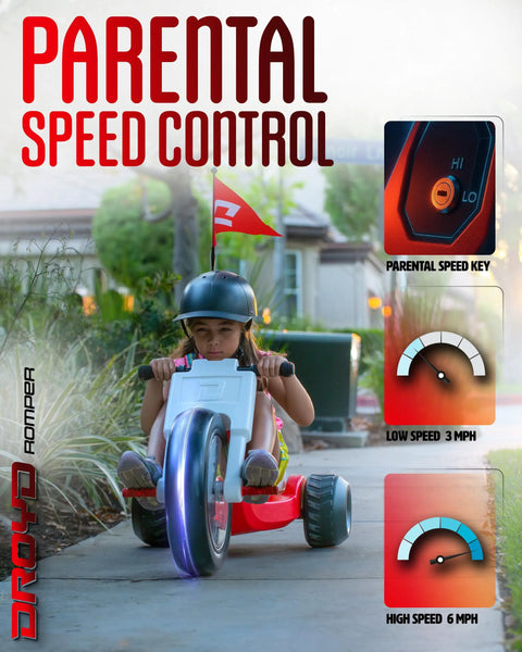 Child riding Romper Electric Tricycle For Kids 3 Plus Years, 24V Ride On Toy With 3 To 6 MPH Speed, Up To 45 Minute Battery in backyard