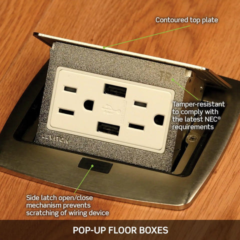 Pop Up Floor Box With Dual Type A USB Charger And 20 Amp Outlet, Black PFUS2-MB, showing recessed cover installed in wood floor.