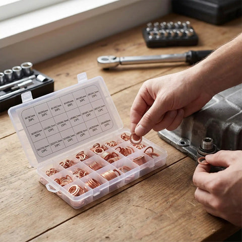 Pro Copper Crush Washer Set 350 Piece Brass Gasket Assortment 18 Metric Sizes Oil Drain Plug Seals Durable Plastic Carry Case in use