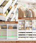 Heavy-Duty All-In-One Closet Organizer System With Extendable Hanging Rods, showing 12 large drawers and adjustable shelving.