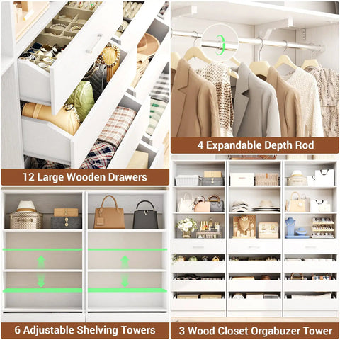Heavy-Duty All-In-One Closet Organizer System With Extendable Hanging Rods, showing 12 large drawers and adjustable shelving.
