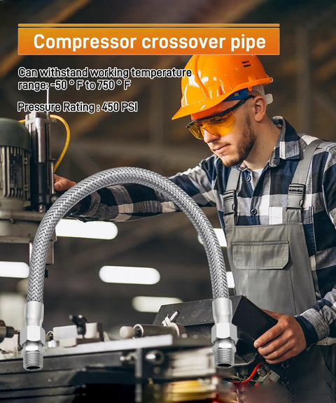 Heavy Duty Air Compressor Jumper Hose With Two One Half Inch NPT Male Ends, 23 Inch Long showcased in industrial setting