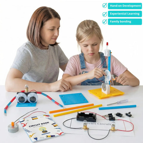 Hands On Electric Circuit Kit For Kids And Students 8 Experiments In 7 Sets With Series And Parallel Circuits Seawater Power Fruit Batteries Beginner Friendly Electrical Science Projects, mother and child building circuit