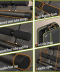 Close-up of adjustable weight bench features: thick steel tubes, high-density foam, portable strap, elastic ropes, foot stability.