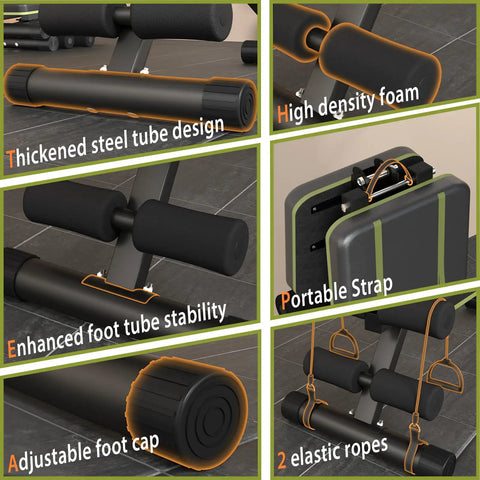 Close-up of adjustable weight bench features: thick steel tubes, high-density foam, portable strap, elastic ropes, foot stability.