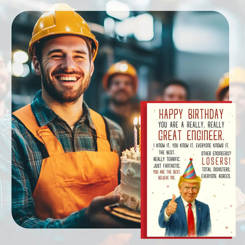 Funny Engineer Birthday Card For Men with engineer holding cake, party hat illustration, and humorous text on premium quality card stock.
