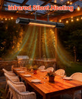 Outdoor Patio Heater With Remote Control And Built In Temperature Control 1500W Hanging Or Ceiling Or Wall Mounted For Indoor And Outdoor Use IP55 Weatherproof Black displayed in a patio setting