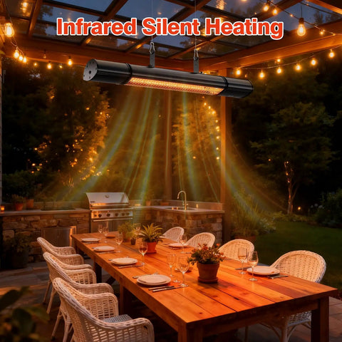 Outdoor Patio Heater With Remote Control And Built In Temperature Control 1500W Hanging Or Ceiling Or Wall Mounted For Indoor And Outdoor Use IP55 Weatherproof Black displayed in a patio setting