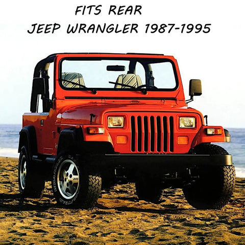 Jeep Wrangler 1987-1995 parked on sand, visible from front, suitable for Track Bar Bushing Kit for Jeep Wrangler 1987 1988 1989 1990 1991 1992 1993 1994 1995 Front Or Rear Built In USA With Premium Materials, Rigorous Testing, Durable For Wear And Rough Roads, Improves Steering Stability And Reduces Clunking